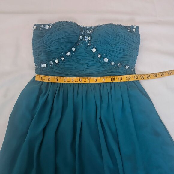 Women's Teal Chiffon Strapless Rhinestone Beaded Bodice High-Low Hem Dress Small - Picture 8 of 10